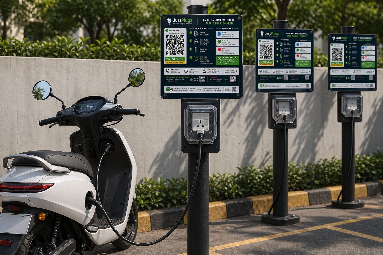 JustPlugz EV Charging Station - E-bikes charging at our smart charging sockets